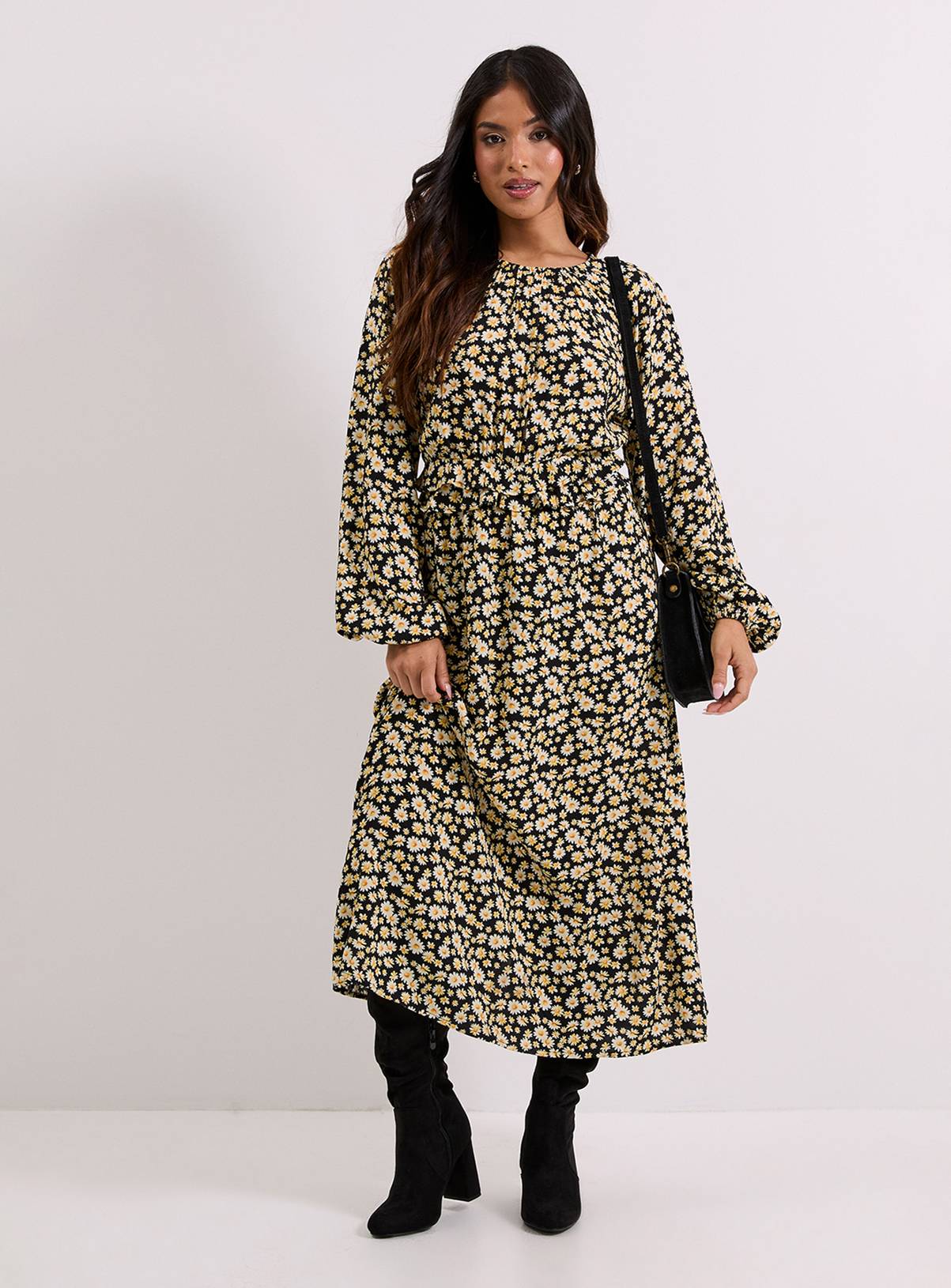 DOROTHY PERKINS Petite Black Daisy Frill Waist Detail Blouson Sleeve Midaxi Dress 12 - Image 1